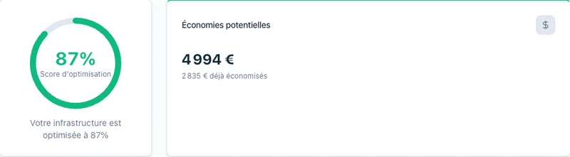 Rightsizing : score d'optimisation de 87 % et 4 994 € d'économies potentielles.